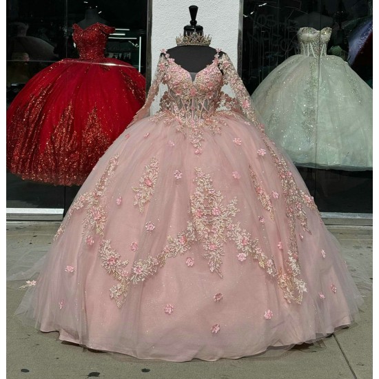 Long Sleeve Pink Quince Dresses V Neck 15 Dress Lace Appliques Ball Gown