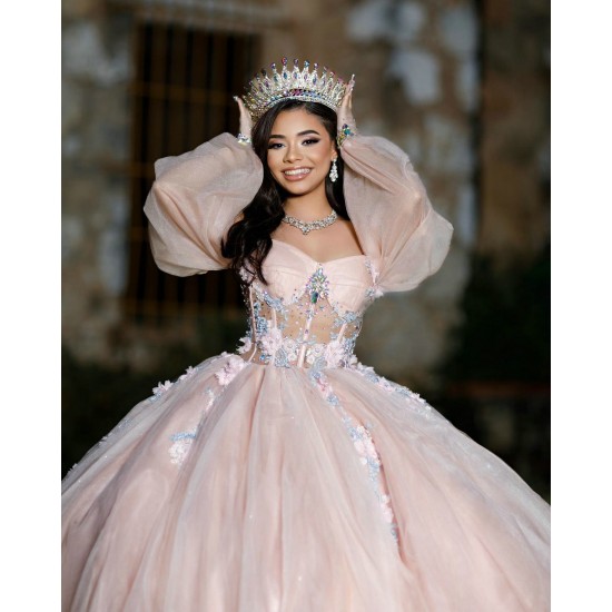 Long Sleeve Pink Quinceanera Dress Sweetheart Neck Vestidos De 15 Anos