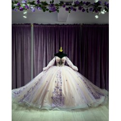 Long Sleeve Purple On Nude Dress Off Shoulder Ball Gown Crystal 15 Dresses