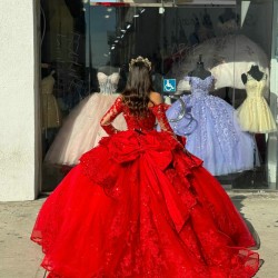 Long Sleeve Red Quince Dresses Square Collar 15 Dress With Bow