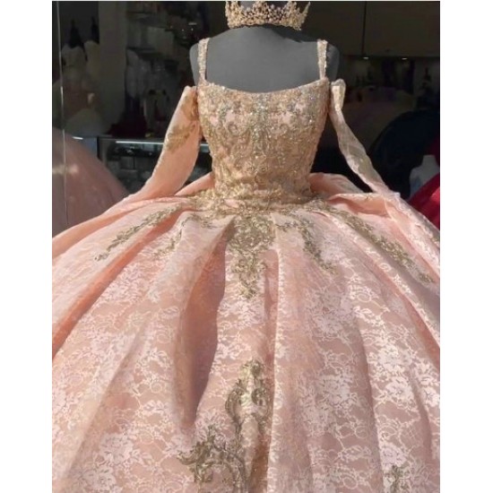 Long Sleeve Rose Gold Quinceanera Dress Scoop Neck 15 Dresses