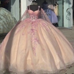 Long Sleeve Rose Gold Quinceanera Dresses Ball Gown Sweetheart 15 Dress