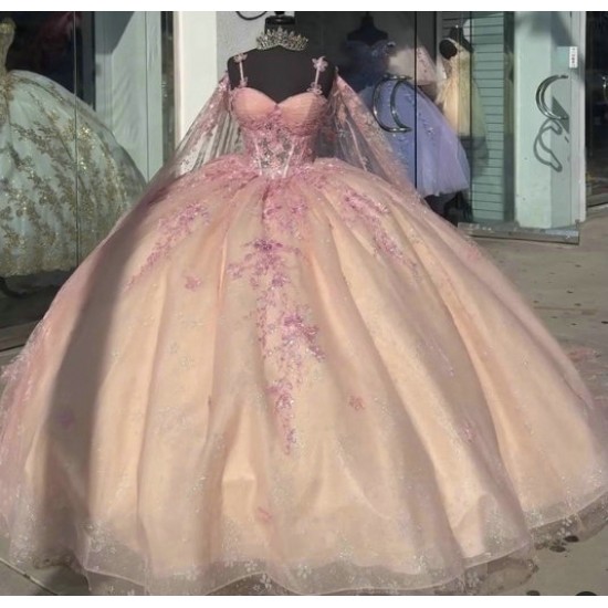 Long Sleeve Rose Gold Quinceanera Dresses Ball Gown Sweetheart 15 Dress