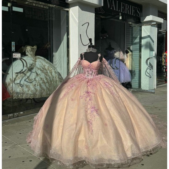 Long Sleeve Rose Gold Quinceanera Dresses Ball Gown Sweetheart 15 Dress