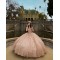 Long Sleeve Rose Gold Quinceanera Dresses V Neck 15 Dress With 3D Flowers