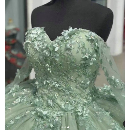 Long Sleeve Sage Green Quinceanera Dresses Strapless Sweetheart 15 Dress