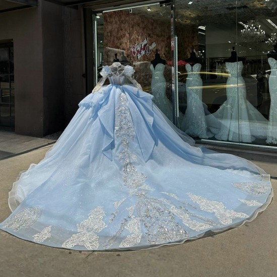 Long Sleeve Sky Blue Quince Dress Sweet 16 Sweep Women Tulle 2024 Ball Gown