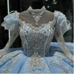 Long Sleeve Sky Blue Quince Dress Sweet 16 Sweep Women Tulle 2024 Ball Gown