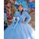 Long Sleeve Sky Blue Quinceanera Dress Lace Appliques High Neck 15 Dresses