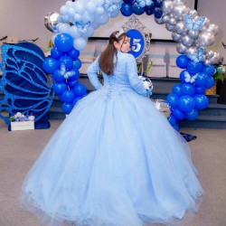 Long Sleeve Sky Blue Quinceanera Dress Lace Appliques High Neck 15 Dresses