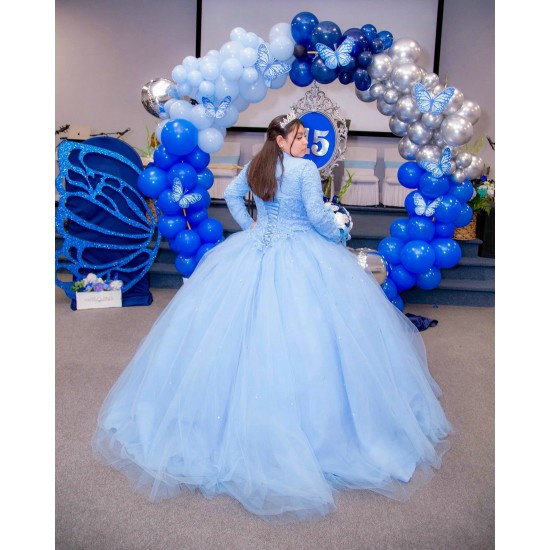 Long Sleeve Sky Blue Quinceanera Dress Lace Appliques High Neck 15 Dresses