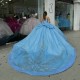 Long Sleeve Sky Blue Quinceanera Dresses Off Shoulder Crystal 15 Dress