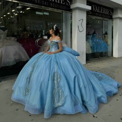 Long Sleeve Sky Blue Quinceanera Dresses Off Shoulder Crystal 15 Dress