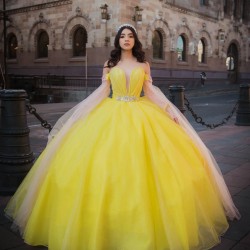 Long Sleeve Yellow Quince Dresses V Neck 15 Dress