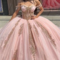 Metallic Sequin Rose Gold Quinceanera Dresses Off Shoulder 15 Dress