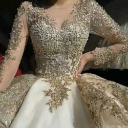 O Neck Gold and White Quinceanera Dress With Long Sleeves