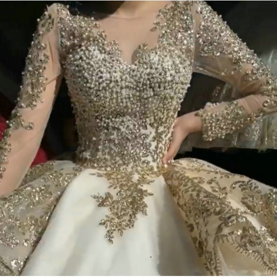 O Neck Gold and White Quinceanera Dress With Long Sleeves