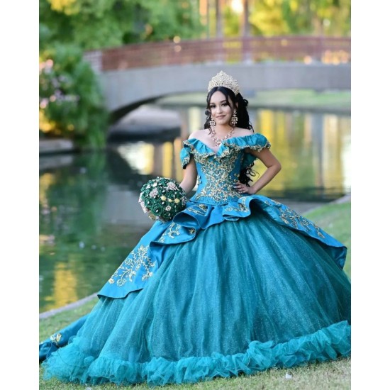 Off Shoulder Aqua Quince Dresses Lace Appliques V Neck 15 Dress