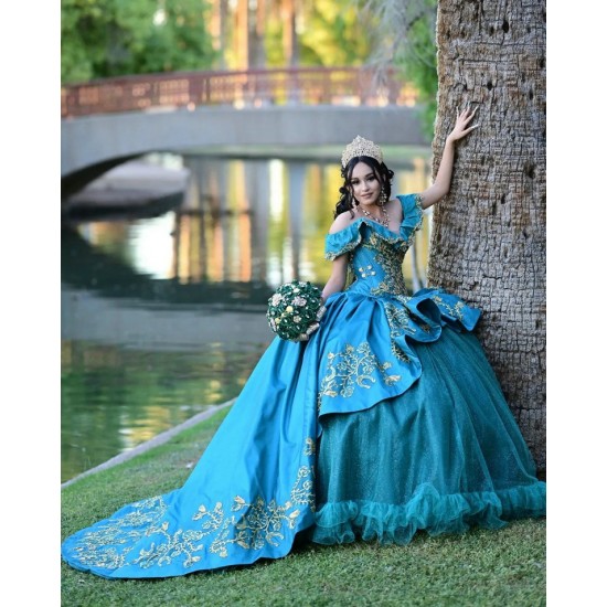 Off Shoulder Aqua Quince Dresses Lace Appliques V Neck 15 Dress