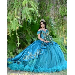 Off Shoulder Aqua Quince Dresses Lace Appliques V Neck 15 Dress