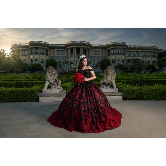 Off Shoulder Black On Red Quinceanera Dresses V Neck 15 Dress