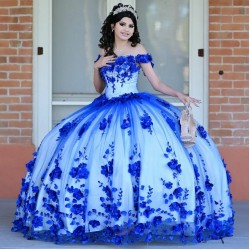 Off Shoulder Blue On White Quinceanera Dress Sweetheart Neck 15 Dresses