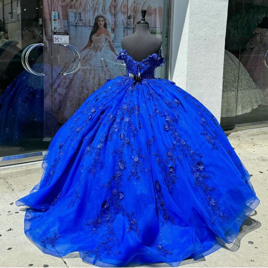 Off Shoulder Blue Quince Dress Lace Appliques Ball Gown V Neck 15 Dresses