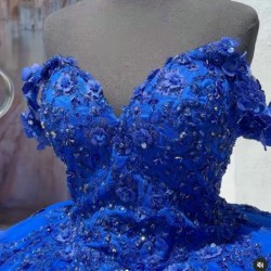 Off Shoulder Blue Quince Dress Lace Appliques Ball Gown V Neck 15 Dresses