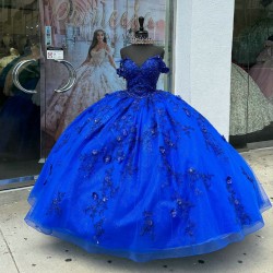 Off Shoulder Blue Quince Dress Lace Appliques Ball Gown V Neck 15 Dresses