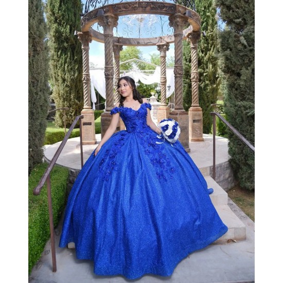 Off Shoulder Blue Quince Dresses Sequin Sweetheart Neck 15 Dress With 3D Flowers