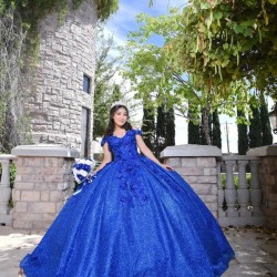 Off Shoulder Blue Quince Dresses Sequin Sweetheart Neck 15 Dress With 3D Flowers