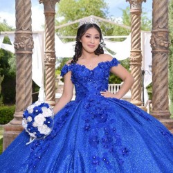 Off Shoulder Blue Quince Dresses Sequin Sweetheart Neck 15 Dress With 3D Flowers