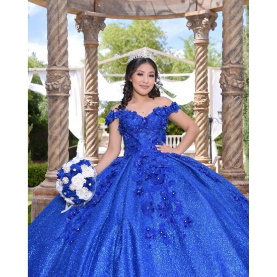 Off Shoulder Blue Quince Dresses Sequin Sweetheart Neck 15 Dress With 3D Flowers