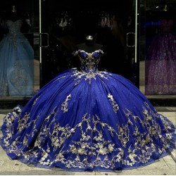 Off Shoulder Blue Quinceanera Dress Sweet 15 Gowns Sequin Vestidos De 15 Anos With Bow