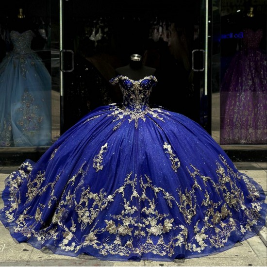 Off Shoulder Blue Quinceanera Dress Sweet 15 Gowns Sequin Vestidos De 15 Anos With Bow