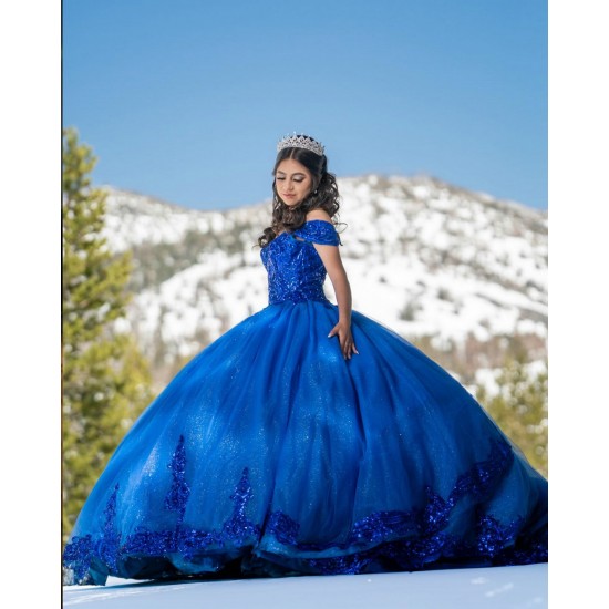 Off Shoulder Blue Quinceanera Dresses Lace Appliques V Neck 15 Dress