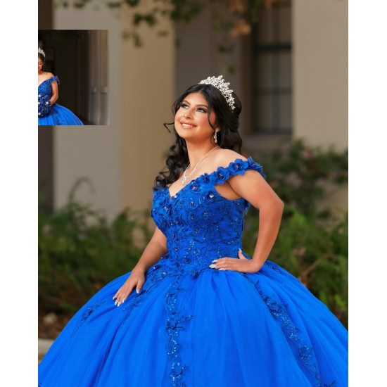 Off Shoulder Blue Quinceanera Dresses V Neck 15 Dress With 3D Flower