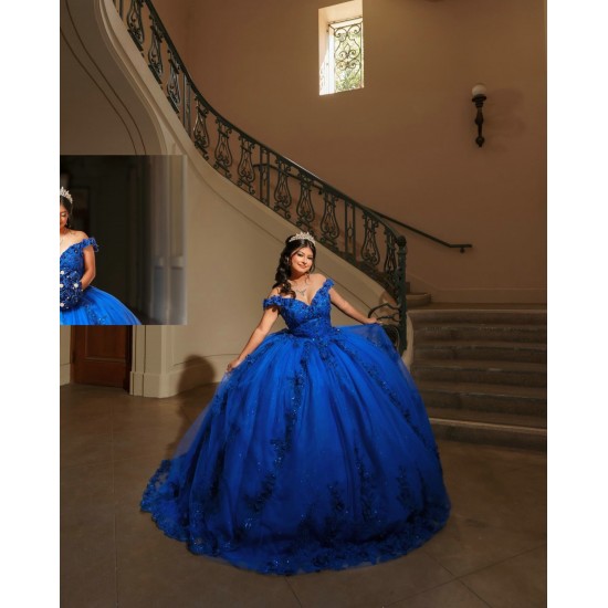 Off Shoulder Blue Quinceanera Dresses V Neck 15 Dress With 3D Flower