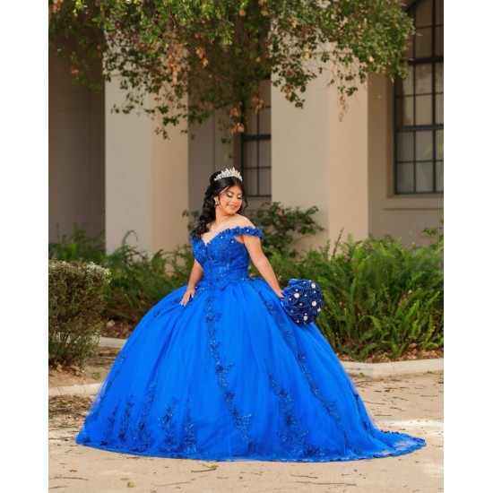 Off Shoulder Blue Quinceanera Dresses V Neck 15 Dress With 3D Flower