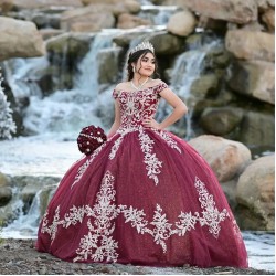 Off Shoulder Burgundy Quince Dresses Lace Appliques Scoop Neck 15 Dress