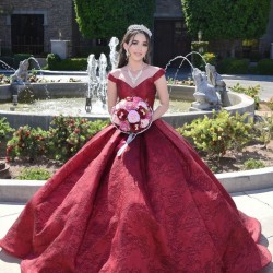 Off Shoulder Burgundy Quince Dresses V Neck 15 Dress