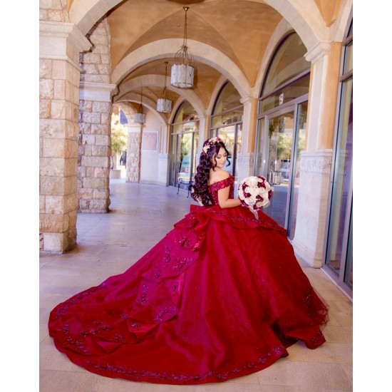 Off Shoulder Burgundy Quinceanera Dress Sequin Sweetheart Neck 15 Dresses