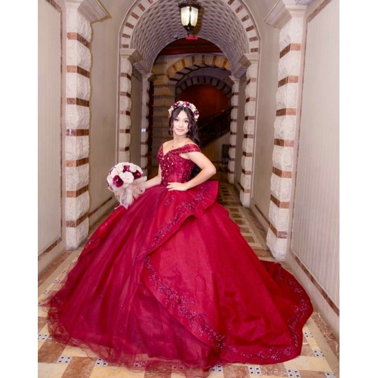 Off Shoulder Burgundy Quinceanera Dress Sequin Sweetheart Neck 15 Dresses