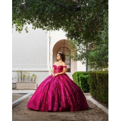 Off Shoulder Burgundy Quinceanera Dresses Sequins Sweetheart Neck 3D Flower