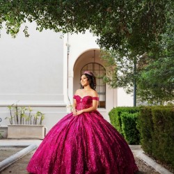 Off Shoulder Burgundy Quinceanera Dresses Sequins Sweetheart Neck 3D Flower