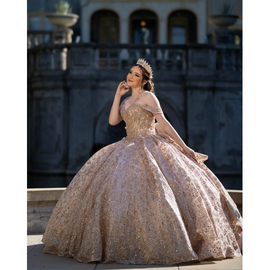 Off Shoulder Champagne Quince Dress Sequin Vestidos De 15 Anos With Bow