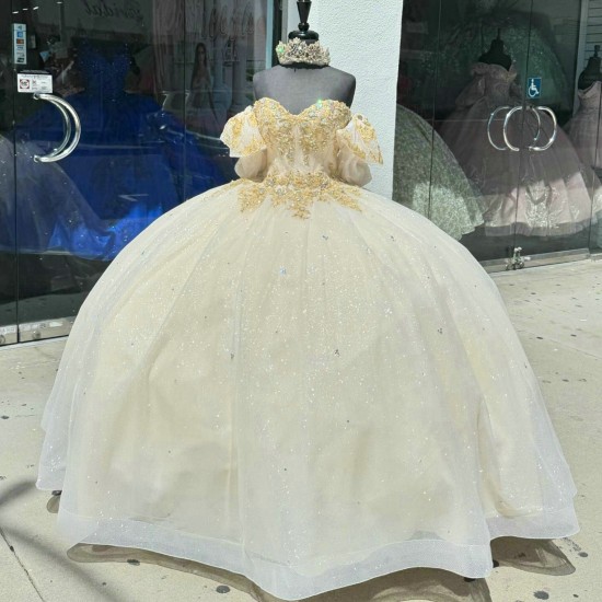 Off Shoulder Champagne Quince Dress Sweetheart Crystal Ball Gown 15 Dresses