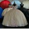 Off Shoulder Champagne Quince Dress V Neck 3D Floral Ball Gown 15 Dresses