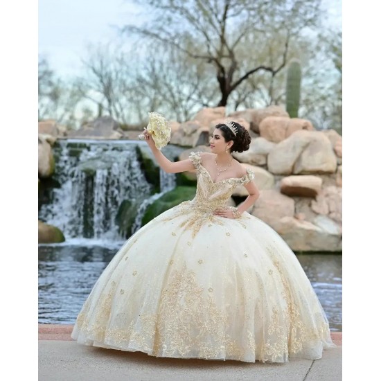 Off Shoulder Champagne Quinceanera Dress Sweetheart Neck 15 Dresses