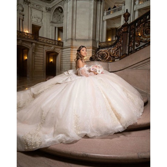 Off Shoulder Champagne Quinceanera Dresses Sequin Sweetheart 15 Dress With Bow